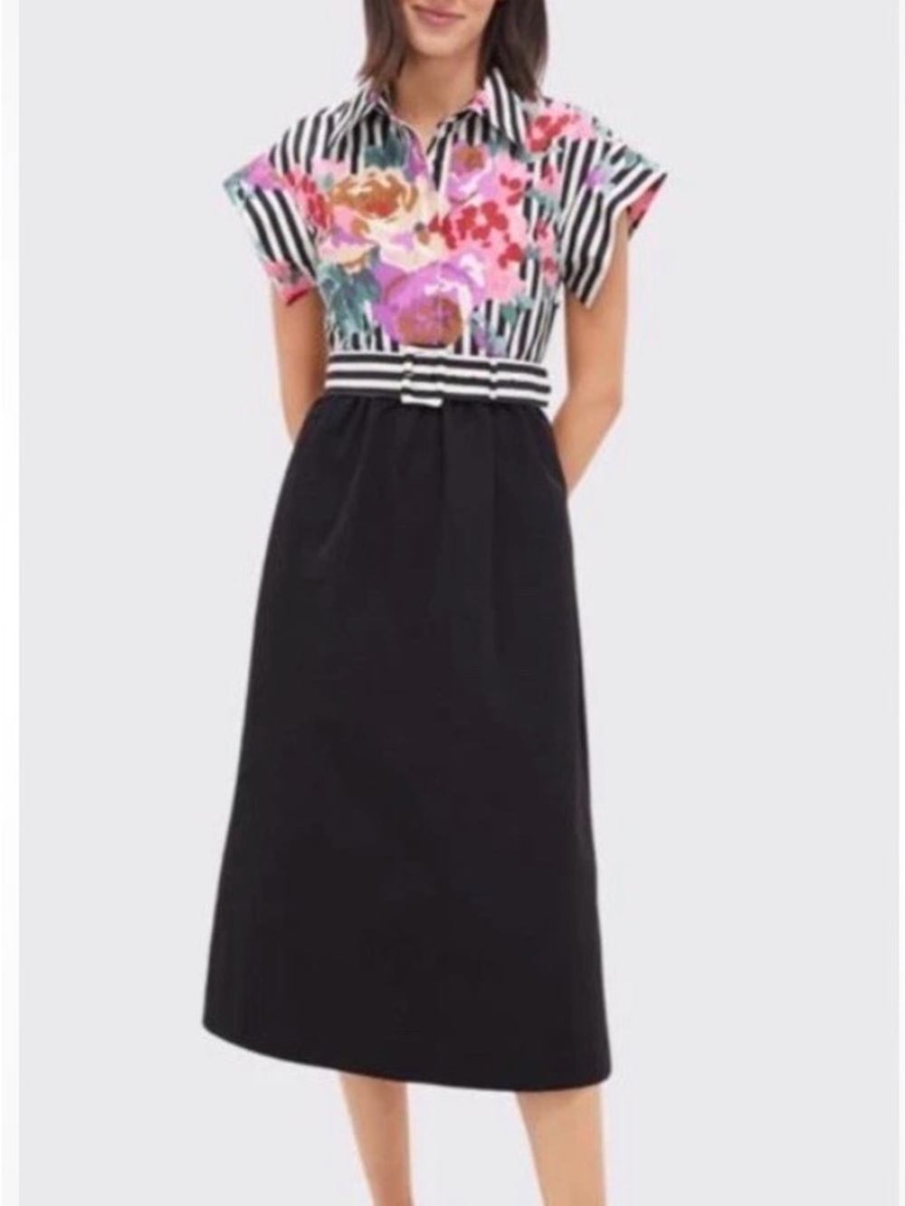 Tuckernuck Black Midi Dress with Floral Stripe Bodice